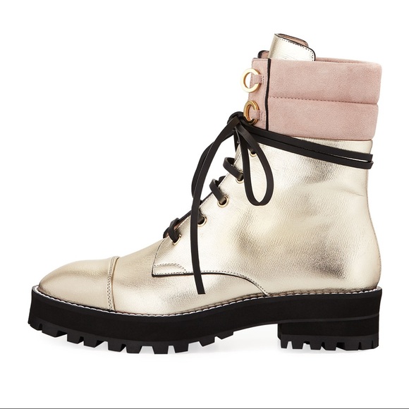 Stuart Weitzman Gold Metallic Lexy Combat Boots - Picture 2 of 4